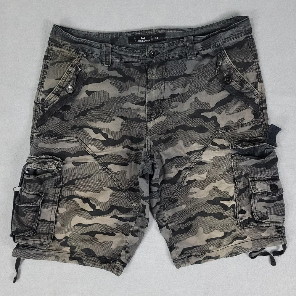 Nick Danger Cargo Shorts Mens 32 Grey Camo Tactical Relaxed Cotton Utility